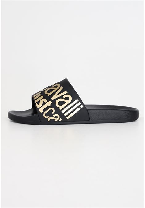 Black men's slippers with gold logo lettering JUST CAVALLI | 76QA3SZ1ZS785PL9 899 - 929